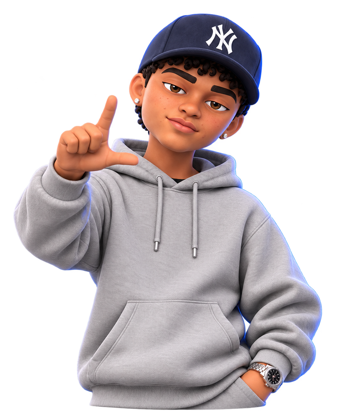 Avatar 3D de Delomura com boné azul e hoodie cinzento, a fazer um gesto com a mão.